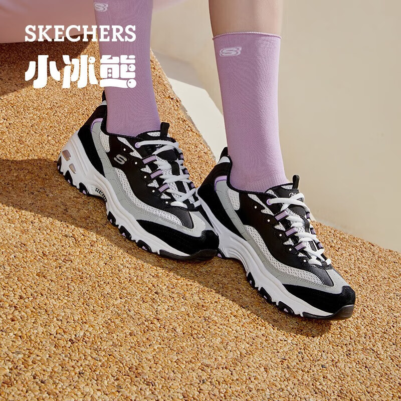 斯凯奇（Skechers）女鞋小冰熊熊猫鞋厚底增高老爹鞋运动鞋秋季休闲鞋896209 黑色/紫色/BKPR 39.5