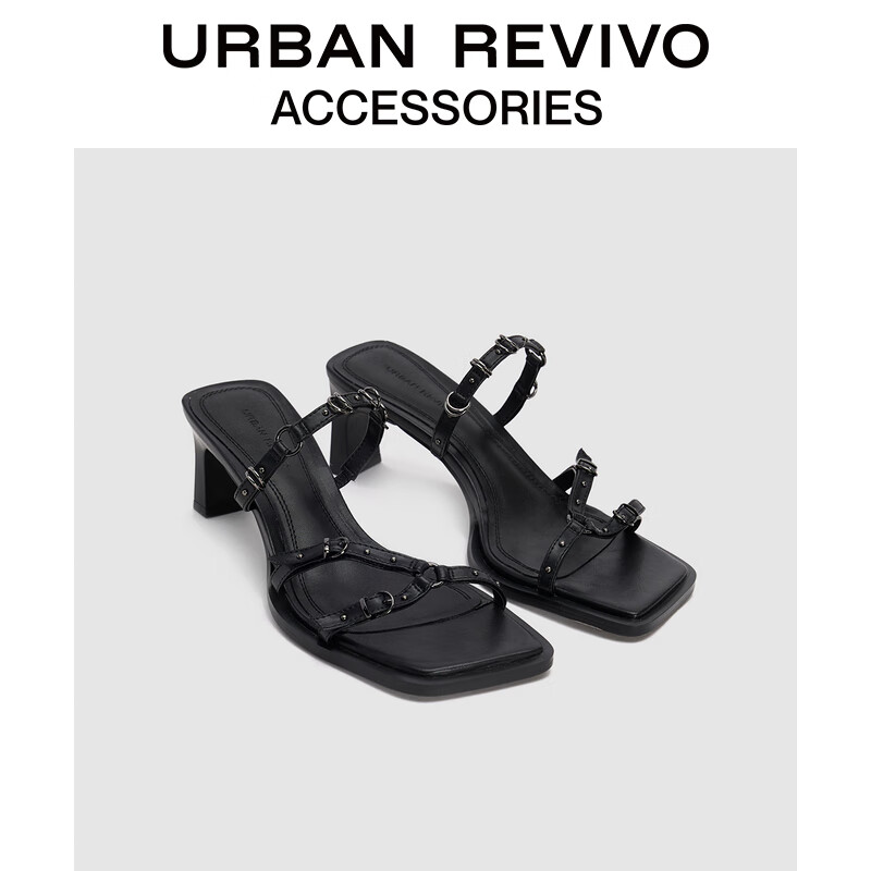 URBAN REVIVO2024夏季女士潮流铆钉中跟拖鞋UAWS40089 黑色 36