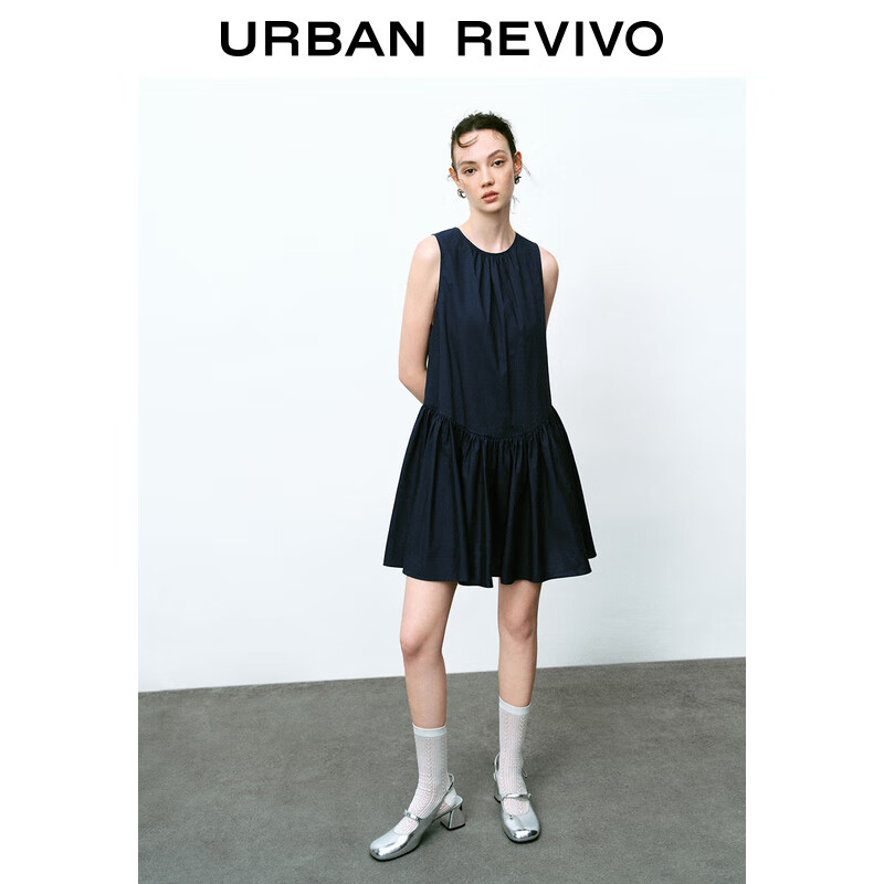 UR2024夏季新款女装都市休闲气质系带百褶连衣裙UWU740088