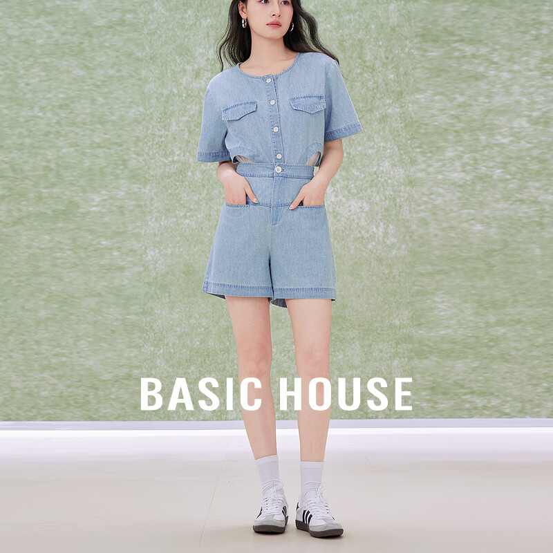 百家好（Basic House）小个子直筒阔腿短裤休闲裤B0624B5F462 牛仔蓝 S