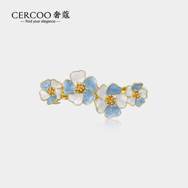 奢蔻（Cercoo）青姒珍珠系列发夹滴油花朵两档带皮套平行夹蓝色 