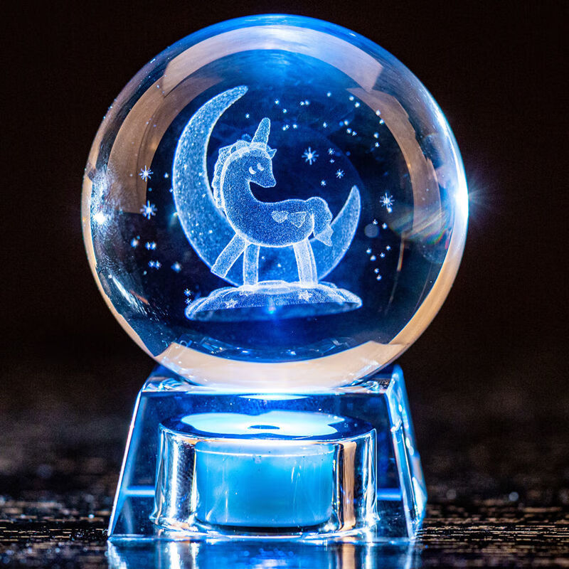 泰利奇水晶球下雪 发光水晶球水晶盒创意女生闺蜜新年送 独角兽 6厘米充电底座