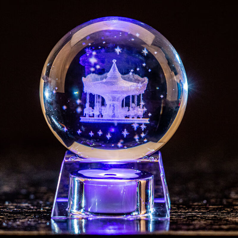 泰利奇水晶球下雪 发光水晶球水晶盒创意女生闺蜜新年送 旋转木马 6厘米充电底座