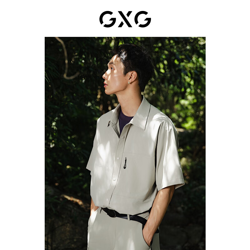 GXG奥莱格纹设计休闲复古翻领短袖衬衫24夏新 豆绿色 185/XXL