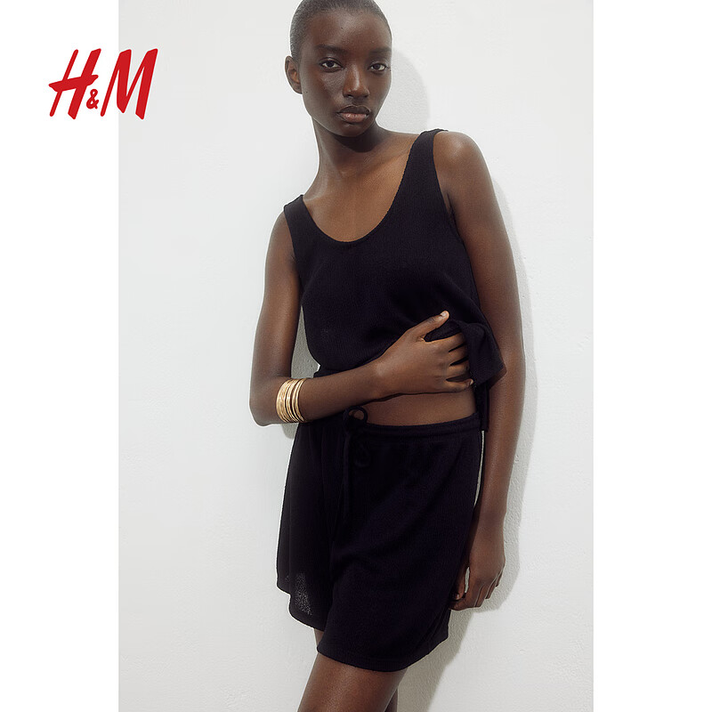 H&M女装背心吊带2024夏季黑色休闲简约宽肩带圆领背心1229307 黑色 155/80 XS
