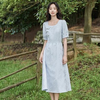 限尺码：INMAN 茵曼 新中式简约中国风连衣裙夏女装精致方领高腰显瘦长裙