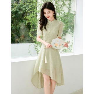3S 新中式国风立领连衣裙2024夏季莱赛尔天丝修身显瘦不规则裙