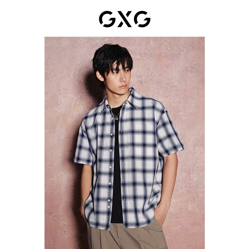 GXG奥莱格纹设计休闲短袖衬衫男士上衣24年夏 灰白格 175/L