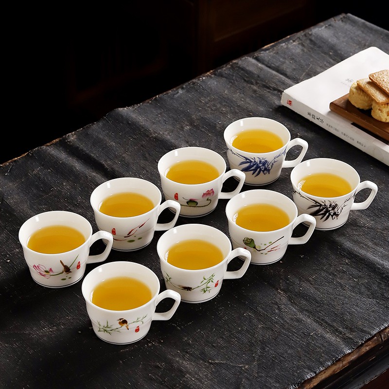 琪馨边 陶瓷有耳茶杯花茶普洱杯功夫茶具办公家用品茗带把茶杯 套杯8个混装