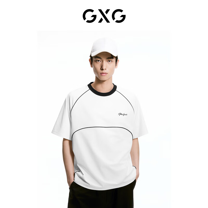 GXG男装    双色撞色设计复古休闲圆领短袖T恤男生上衣 24夏 白色 180/XL