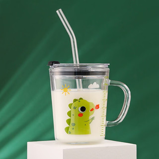SHINPUR 象普 儿童牛奶杯带刻度实用吸管玻璃杯宝宝家用直饮喝水杯子微波炉加热  小恐龙-