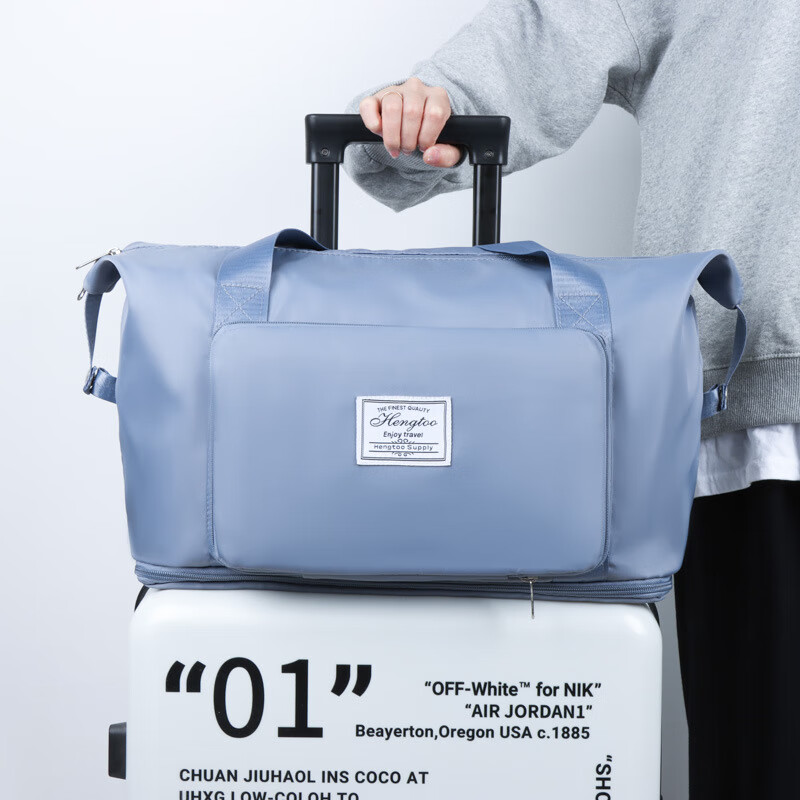 繁夏便携式可折叠旅行包扩容大容量旅行袋女 手提轻便行李包套拉杆箱 可扩容旅行包 浅蓝色