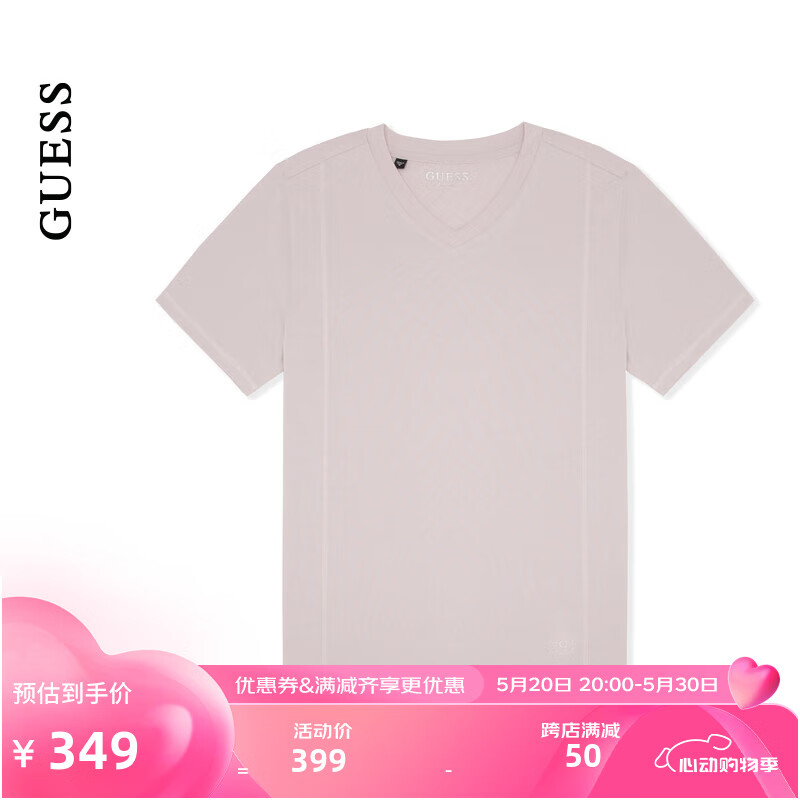 GUESS24年夏季男士立体剪裁纯色简约百搭v领短袖T恤-MO2K2460 LVT-粉色 S