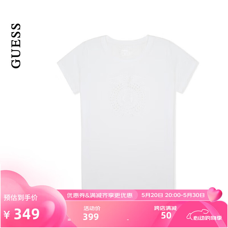 GUESS24年夏季女士纯白镂空立体花纹短袖T恤-W4GI36KA0Q1 G011-白色 XS