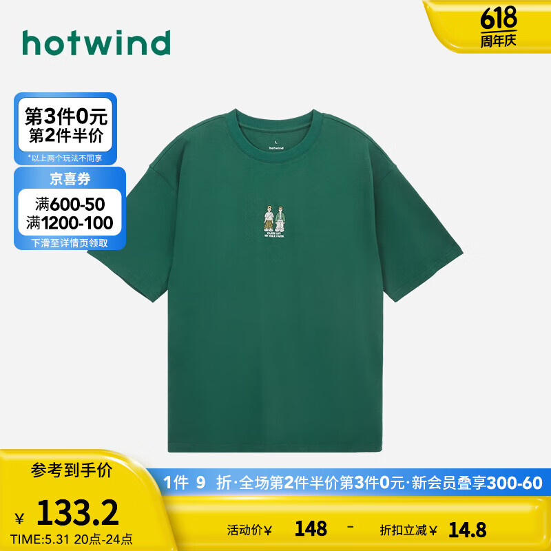热风（Hotwind）短袖t恤男2024年夏季男士休闲趣味休闲舒适亲肤宽松短T 07绿色 S
