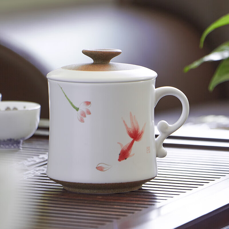 洁雅杰陶瓷茶杯手绘釉下彩茶杯(360ml)中式办公家用陶瓷茶杯 连年有余 连年有余  360ml