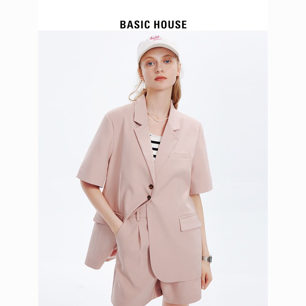 Basic House/百家好粉色西服外套女季薄款感短裤套装女