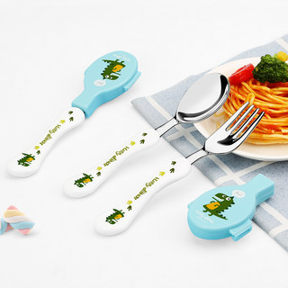 STENLOCK 韩式儿童餐具套装勺叉一体宝宝叉勺316不锈钢带盖学生勺子叉子男