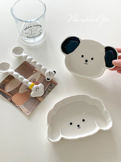 可爱帕恰狗造型陶瓷小盘勺子卡通飞耳狗家用碗儿童餐具套装水果碟