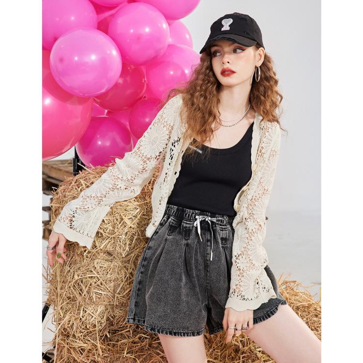 妖精的口袋 2024年夏款百搭短款蕾丝镂空开衫女纯欲性感风叠穿甜美小衫