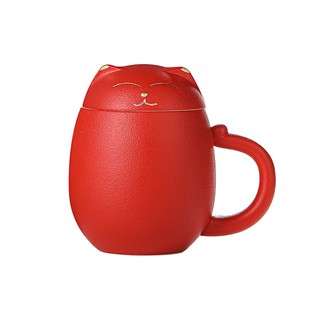 唐赋 创意招财猫杯子茶具过滤茶杯陶瓷杯茶水分离办公室水杯带盖 红色杯子（安全装）