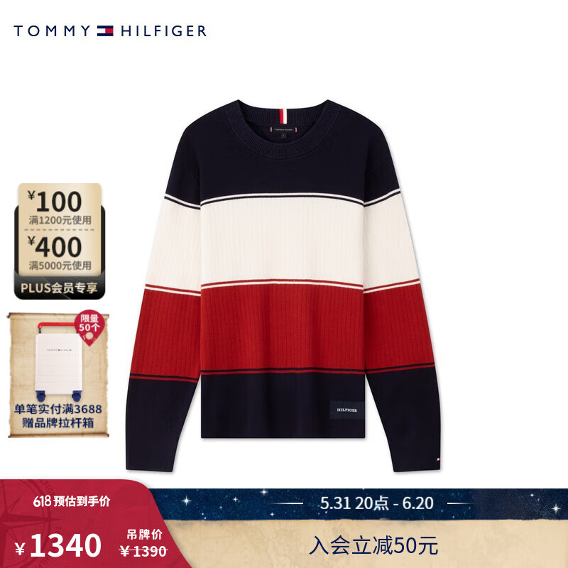 TOMMY HILFIGER24早秋男纯棉休闲撞色宽条纹宽松圆领针织衫MW0MW35651 黑白红撞色0GY S