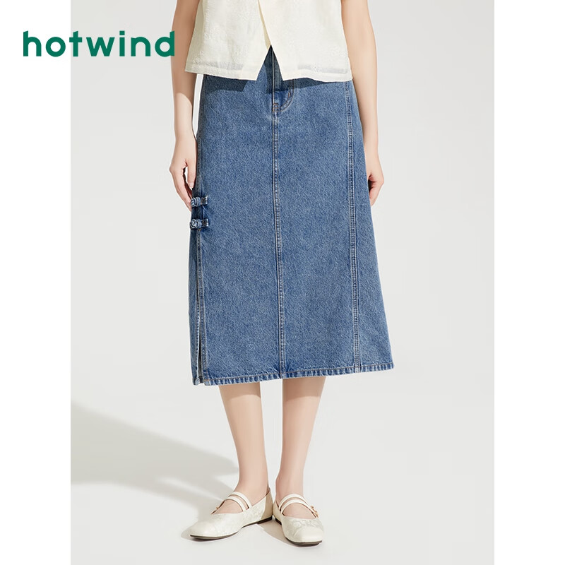 热风（Hotwind）半身裙女2024年夏季女士新中式休闲百搭设计感牛仔半裙子 06兰色 XL