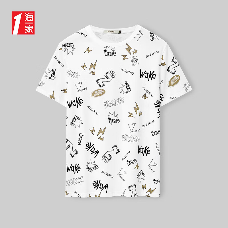 海一家经典圆领短T2024年夏季趣味印花男士短袖T恤 米白花纹76 180/96A