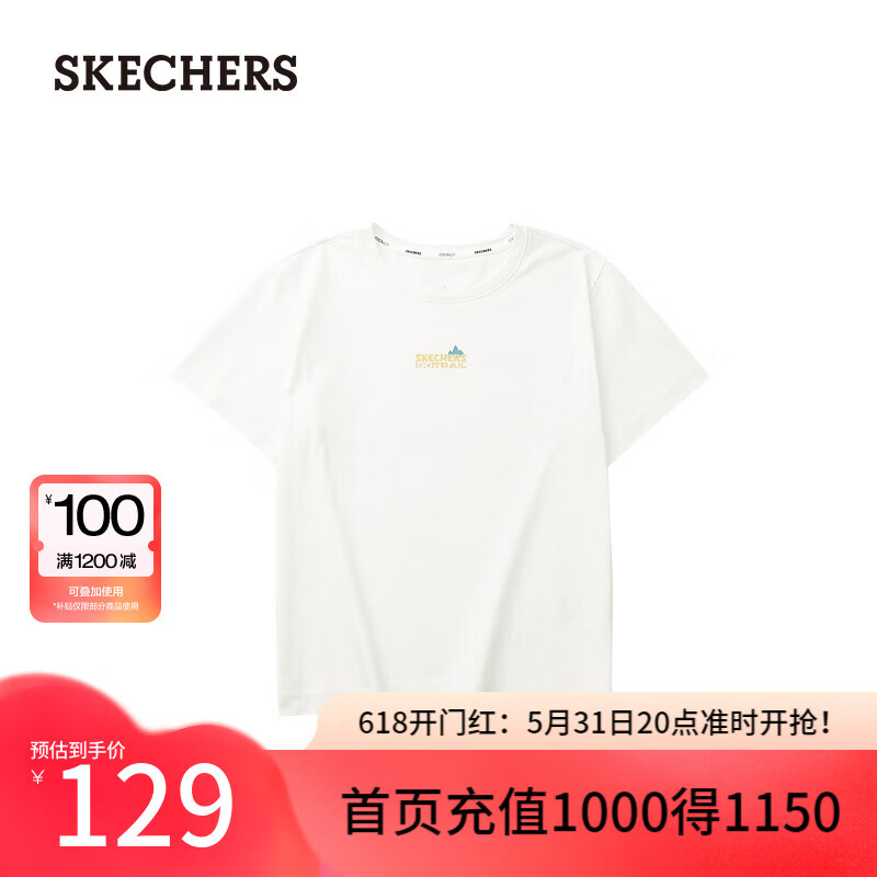 斯凯奇（Skechers）t恤女夏凉感上衣圆领短袖印花L224W030 棉花糖白/0074 S