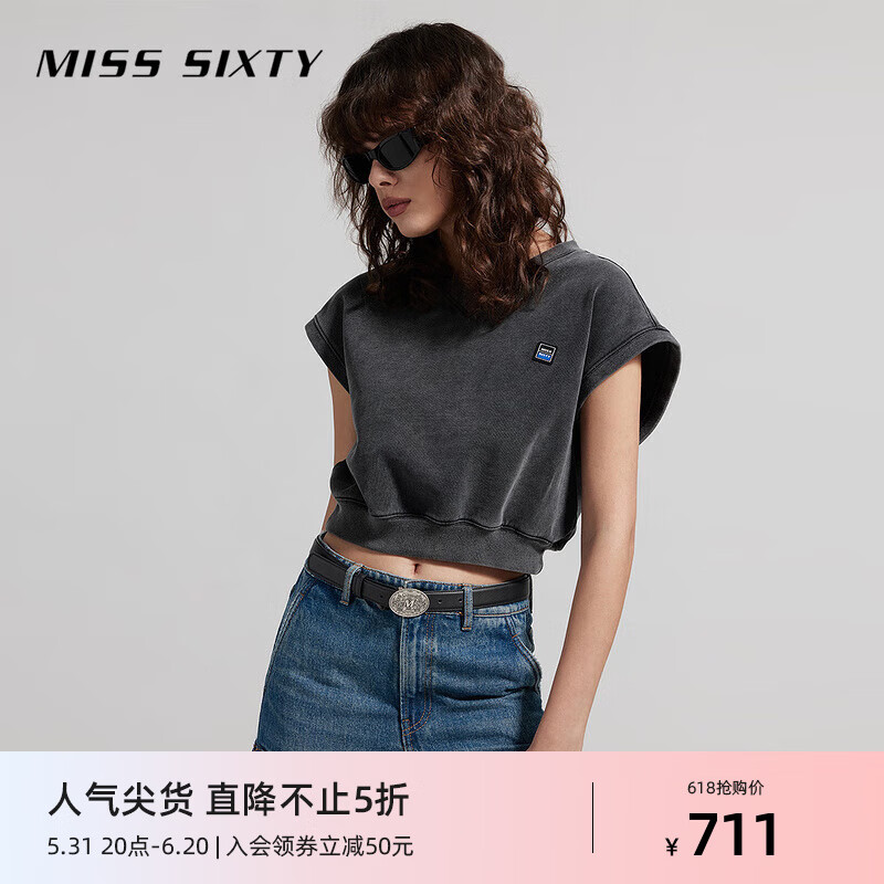 MISS SIXTY2024夏季T恤女V领飞袖复古做旧感运动风短款上衣 灰色 S