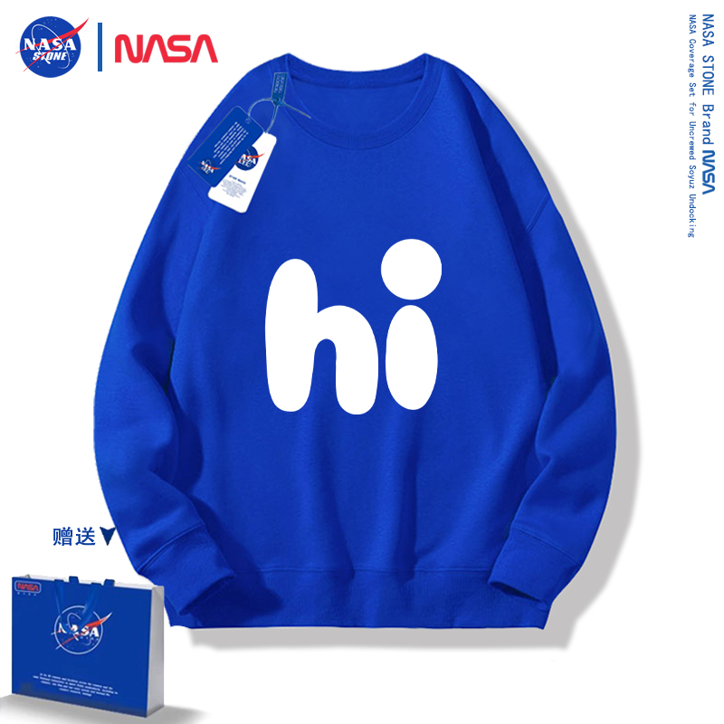 NASA STONE联名圆领卫衣男秋冬季加绒加厚潮流宽松上衣装外套 蓝色 M码