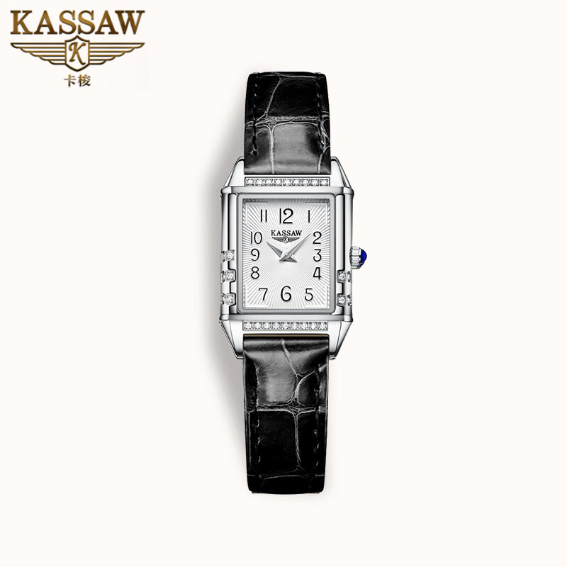 KASSAW【瑞士机芯】卡梭方形手表女镶钻小表盘女式女士手表石英腕表名表 K918L-50TM本色白面-黑皮带