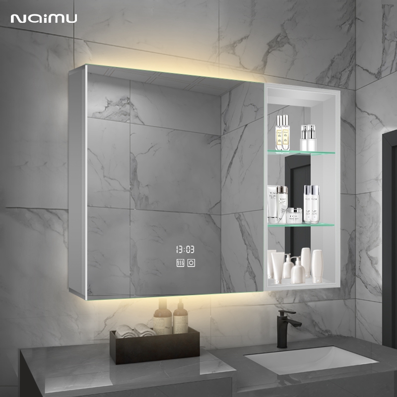 卫生间挂墙式镜柜浴室镜子带边柜太空铝智能储物柜子带灯防雾镜柜