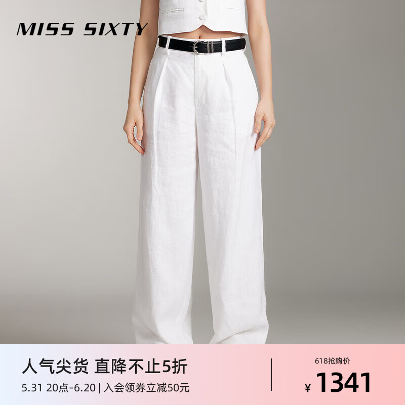 MISS SIXTY2024夏季亚麻休闲裤女简约通勤显瘦直筒白色裤子 漂白 XS