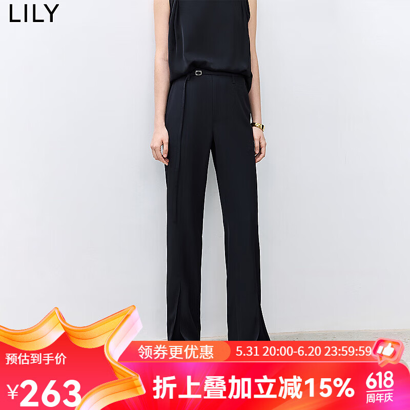 LILY2024夏季经典显瘦显高直身裤子微喇裤廓形百搭黑色休闲裤 510黑色 S