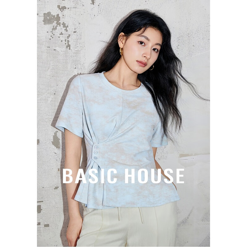百家好（Basic House）不规则纽扣晕染T恤夏设计感圆领收腰短袖上衣B0624H5X252 蓝色