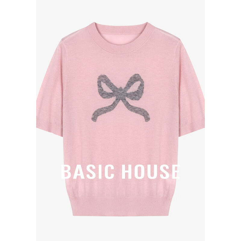 百家好（Basic House）绵羊毛圆领针织衫女夏季甜美风蝴蝶结短袖上衣-B0624H5N182 丽粉 L130-140斤