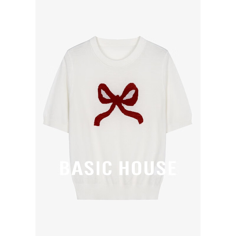 百家好（Basic House）绵羊毛圆领针织衫女夏季甜美风蝴蝶结短袖上衣-B0624H5N182 本白 L130-140斤