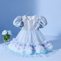 Disney 迪士尼 冰雪奇緣女童艾莎連衣裙2024新款兒童夏日藍色淑女公主裙子