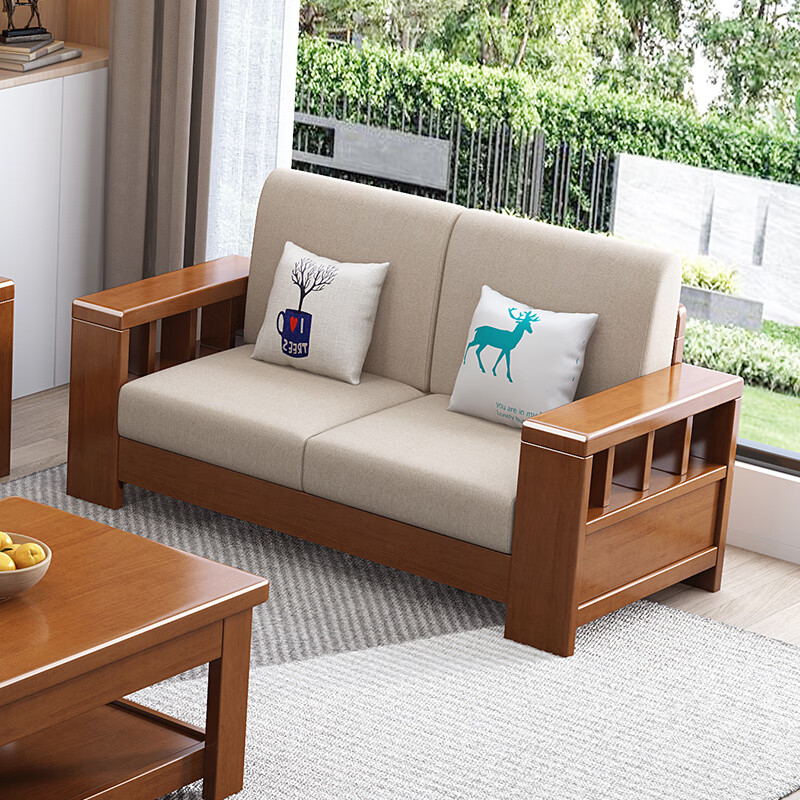 中酷沙发客厅全实木制沙发椅小户型家具中式简约直排布艺木头沙发床 双人位