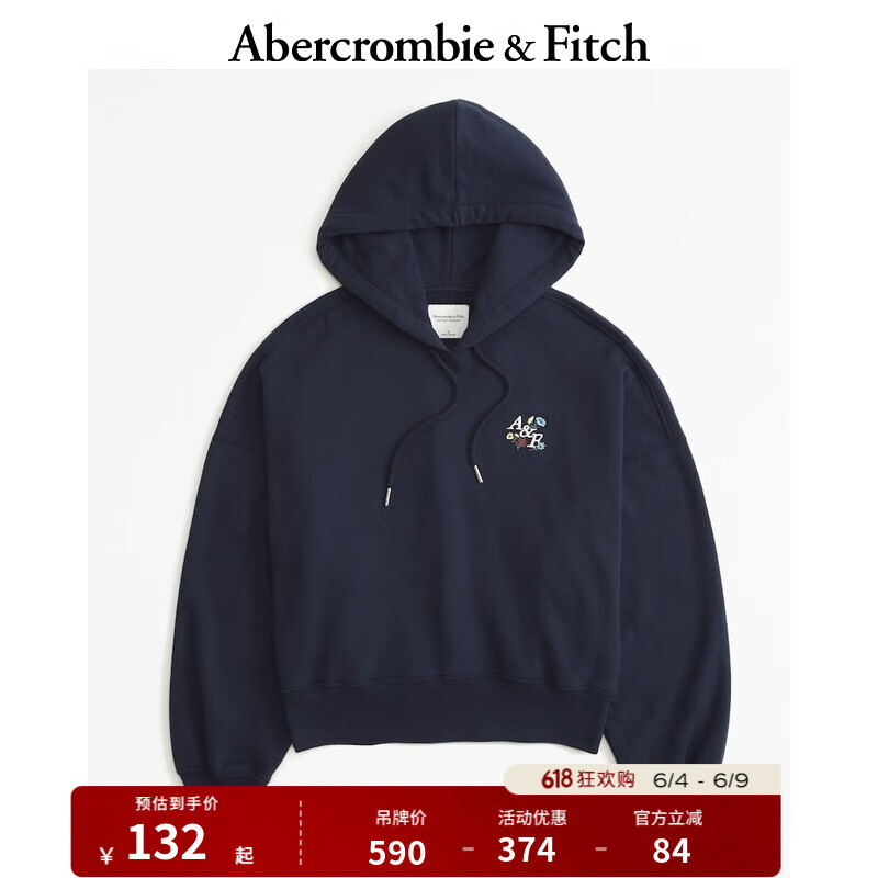ABERCROMBIE & FITCH女装 美式复古碎花logo辣妹百搭连帽套头抓绒卫衣 340125-1 海军蓝 XS (160/84A)