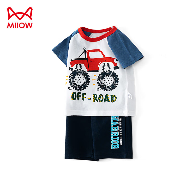 猫人（MiiOW）儿童短袖套装夏季纯棉薄款宝宝睡衣服男小童运动两件套 越野车130 红色越野车