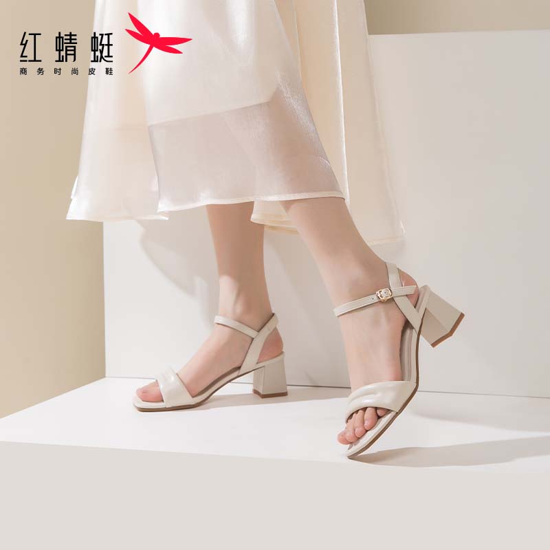 红蜻蜓法式一字带凉鞋2024夏季时装女鞋羊皮粗跟通勤高跟鞋WFK24040 米白色 37