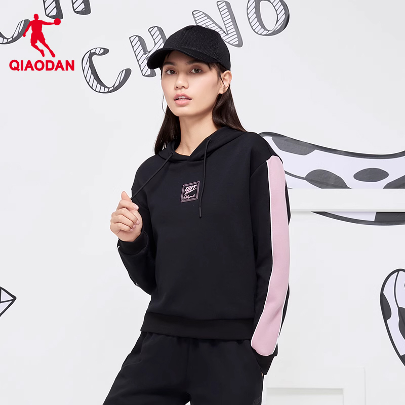 中国乔丹运动套装女2024春季女子运动休闲连帽套装撞色拼接两件套