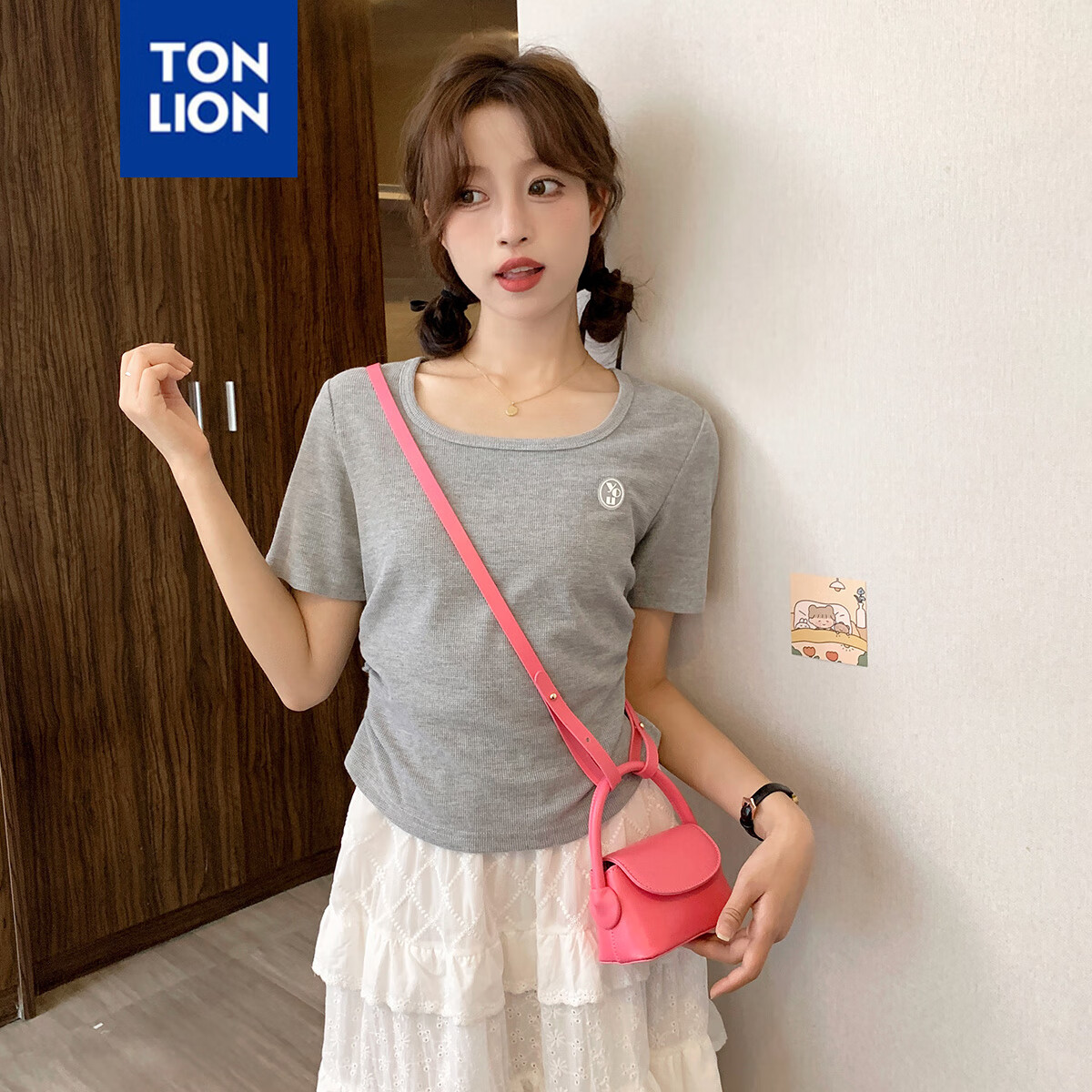 唐狮（TonLion）2024女U型领短款短袖T恤WP 浅麻灰 S