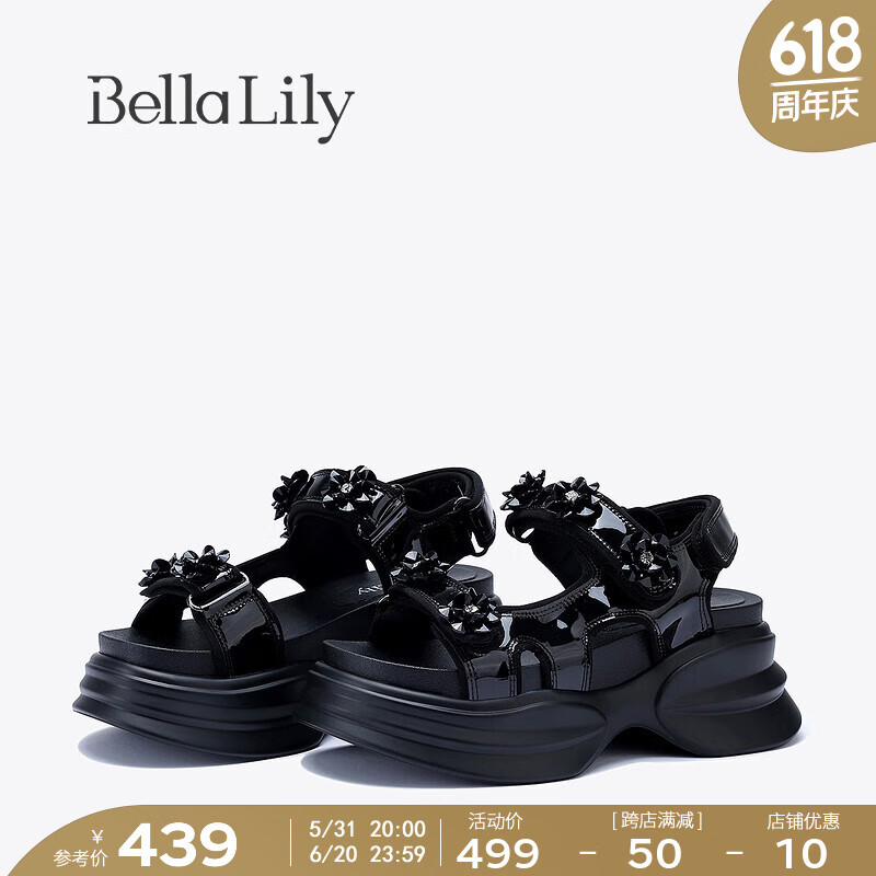 Bella Lily2024夏季魔术贴黑色凉鞋女增高罗马鞋厚底沙滩鞋子 黑色 38