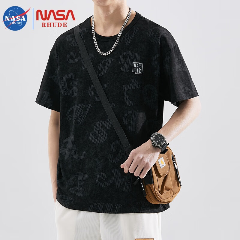 NASA RHUDE美式冰丝短袖t恤男夏季薄款半袖潮牌宽松体恤男装上衣服 黑色 XL（130-150斤）