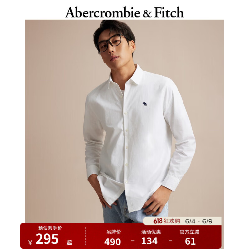 ABERCROMBIE & FITCH男装 美式复古百搭通勤刺绣小麋鹿经典长袖府绸衬衫 330312-1 白色 M (180/100A)