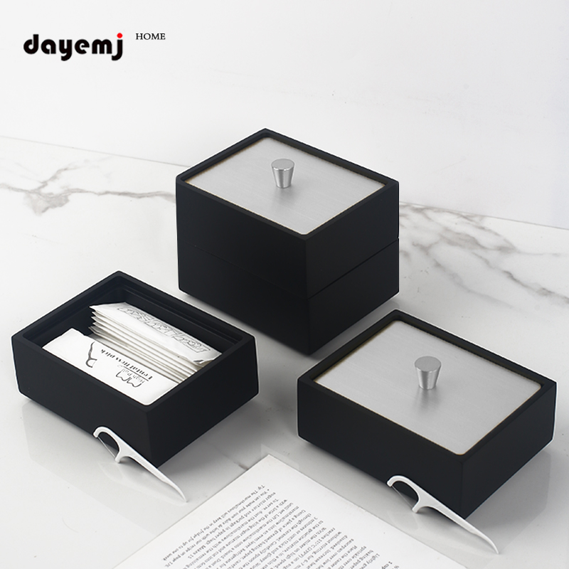大业·美家（dayemj）高端牙线盒高档牙签盒简约轻奢棉签盒创意多功能桌面小件收纳 典雅黑/2层牙线盒（银盖） 正方形