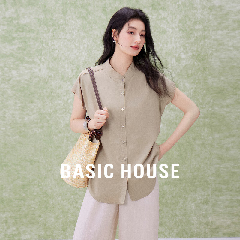 百家好（Basic House）设计感短袖衬衫女2024夏季时尚纯色衬衣B0624B5S802 卡其色 F